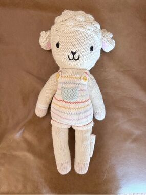 Cream Knit Lamb Stuffed Animal with Pastel Striped Overalls - Kids Toy
